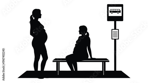 Silhouettes of pregnant women at a bus stop one standing and one seated
