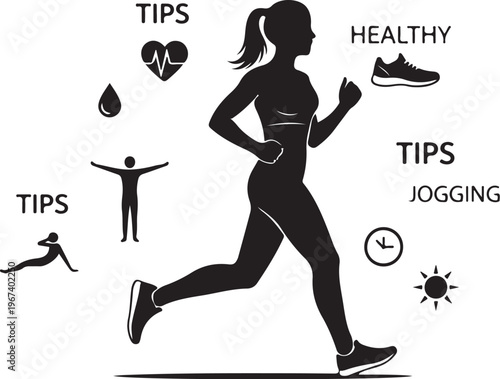 Black silhouette woman jogging with fitness and text
