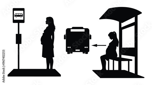 A black silhouette depicts a pregnant woman at a bus stop waiting for transportation