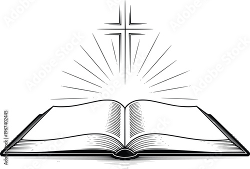 Open Bible with Cross and Radiant Light Hand Drawn Line Art Vector