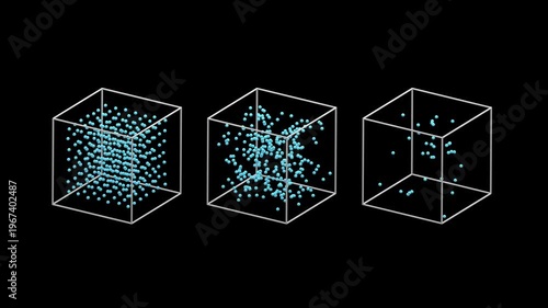 States of Matter Solid, Liquid and Gas Particles Model 3D Animation loop. Science and physics education theme