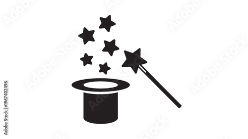 Top hat and magic wand icon with stars emerging from hat, symbolizing fantasy and illusion, perfect for entertainment themes.