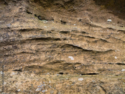 Detailed close up of weathered millstone grit in Yorkshire UK with layered stone patterns and earthy tones, ideal as a natural background or geology image