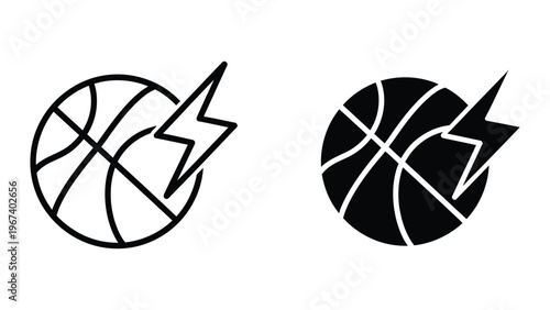 Contrasting basketball and lightning bolt logo designs in black and white variations