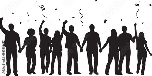 Black silhouettes of people celebrating with confetti