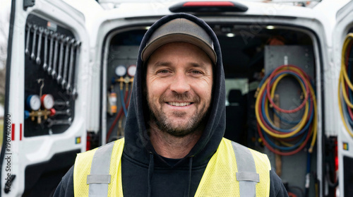 Wallpaper Mural A friendly service technician wearing a high-visibility vest and cap smiles confidently in front of his equipped work van. Torontodigital.ca
