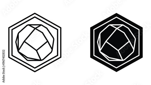 Contrasting geometric hexagon designs featuring a central polyhedral shape in outline and solid forms