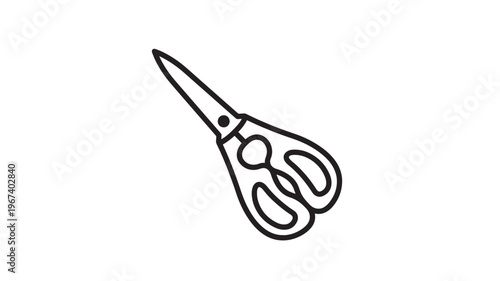 Scissors simple line art icon with symmetrical loop handles and pointed blades on a white background