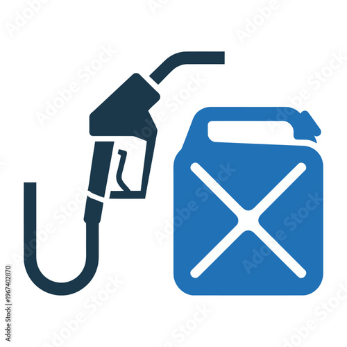 Vector of a fuel pump nozzle dispensing gasoline into a blue jerry can representing fuel storage