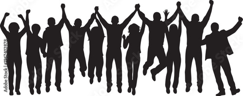 Black silhouettes of people jumping with raised arms