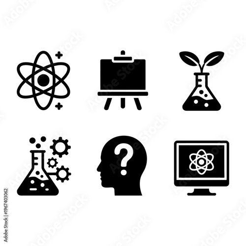 Vector of various scientific and research icons including a atom, laboratory flask, and a human head with a question mark