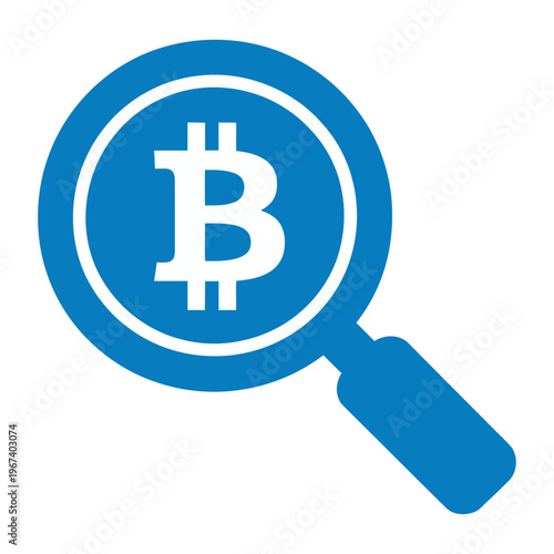 Vector illustrating a magnifying glass focusing on a bitcoin symbol representing digital currency analysis