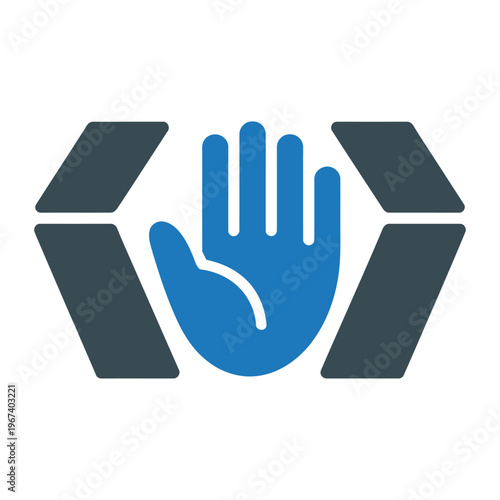 Vector showing a blue hand reaching out with a surrounding hexagon in a modern design