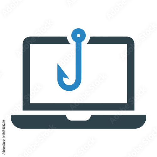 Vector of a computer screen with a fishing hook symbolizing online fishing or cyber fishing activity