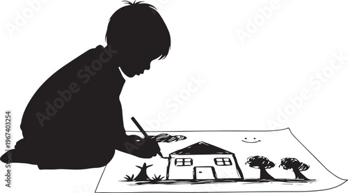 Child house with trees and smiling face silhouette