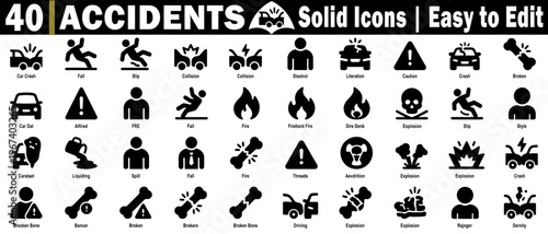 Accident icons set. Representing various dangers and incidents like car crashes, falls, and explosions, perfect for safety materials vector illustration.