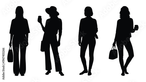 Four women depicted as silhouettes each with unique poses and outfits