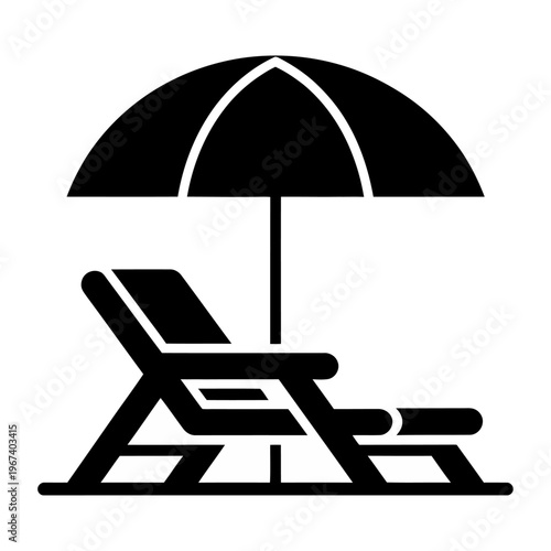 Vector of a beach scene featuring a lounge chair and a large umbrella