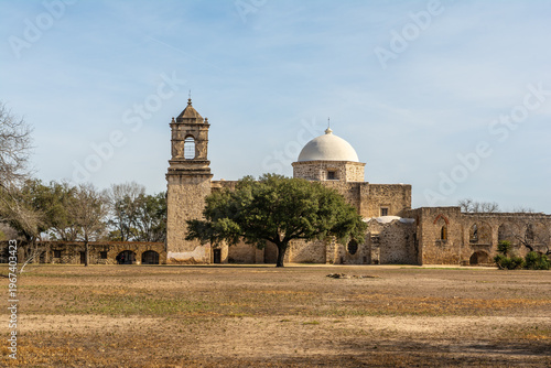 Exterior of the church at Mission San José, building construction starting in 1768, at the San Antonio Missions National Park in San Antonio, Texas, USA.