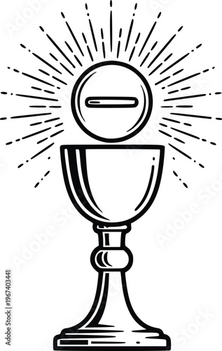 Holy Communion Chalice and Host with Rays Hand Drawn Line Art Vector