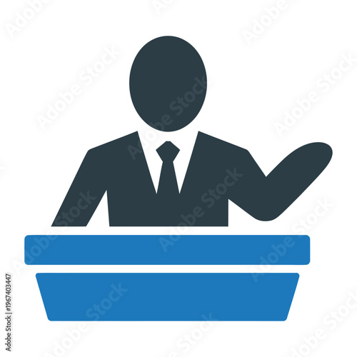 Vector of a businessman wearing a suit raising his hand while standing behind a blue podium