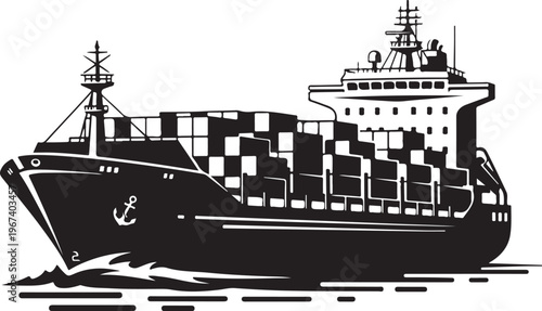 Black container vessel sailing on ocean waves transport and freight concept
