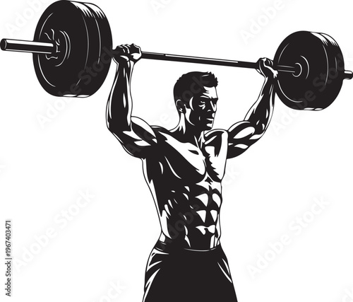 Muscular man lifting weights overhead barbell