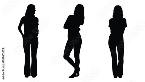 Silhouettes of three women standing against a stark white background showcasing differing poses