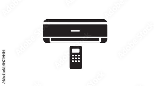 Air conditioner unit with remote control icon, simple black and white graphic representation of climate control technology.