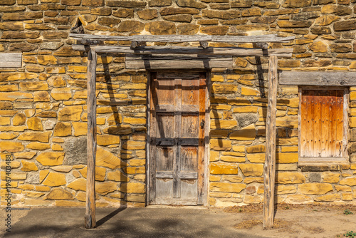 Exterior of the church at Mission San José, building construction starting in 1768, at the San Antonio Missions National Park in San Antonio, Texas, USA.