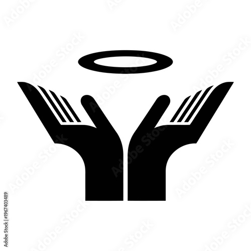 Vector icon depicting two hands holding a halo above them symbolizing care and protection