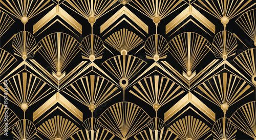 Art Deco pattern showcases an elegant repeating motif of golden fan shapes and geometric chevron lines against a deep black background, evoking luxury and vintage style for various design.