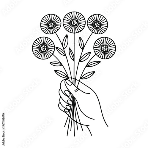 Hand holding a bouquet of stylized flowers, minimalist line art illustration simple floral drawing with geometric petals, elegant botanical design for greeting cards, tattoos, or print projects