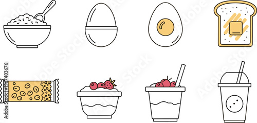 Breakfast Icon Set Featuring Oatmeal, Egg, Toast, Yogurt, Smoothie, and Cereal Illustrations for Healthy, Morning Meal, and Snack Designs