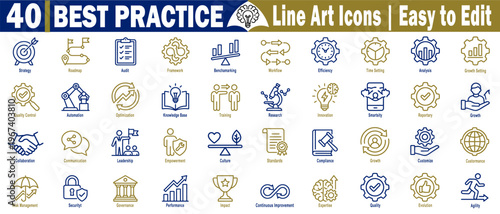 Best practice line art icons set. Easy to edit. The set includes icons such as automation, collaboration, knowledge base, research, and innovation. vector illustration.