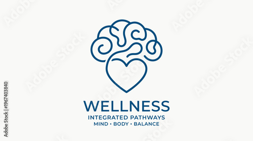 A minimalist blue line art logo featuring a brain and a heart intertwined, with the text 'WELLNESS INTEGRATED PATHWAYS MIND - BODY - BALANCE' below, on a light background.