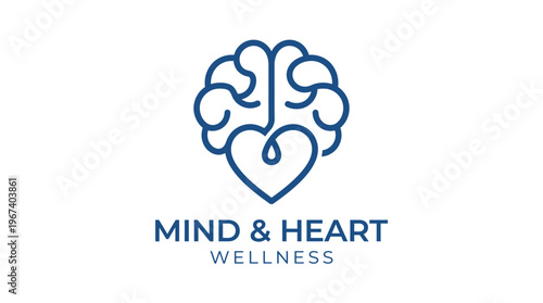 A minimalist blue line art logo depicting a brain seamlessly merging with a heart, symbolizing mental and emotional wellness, with the text 'MIND & HEART WELLNESS' below.