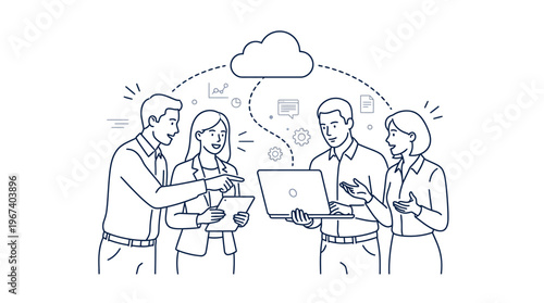 Four business professionals collaborating on cloud computing and data sharing in a modern office setting, depicted in line art style.
