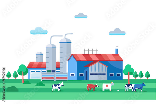 A colorful illustration depicts a farm with cows and silos