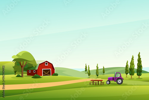 A charming countryside scene featuring a red barn and purple tractor