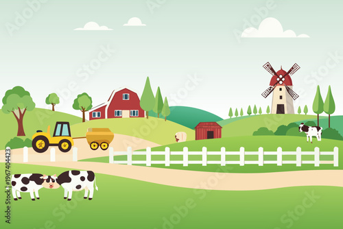 A charming countryside farm scene with buildings cows and a windmill