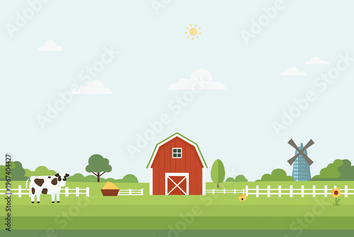 A peaceful countryside scene with a red barn cow and windmill