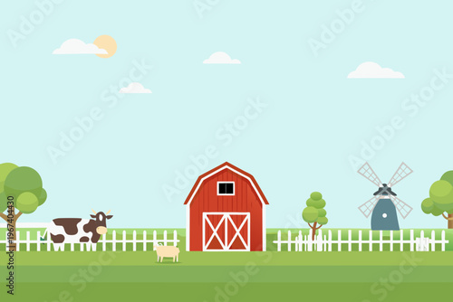A charming countryside scene featuring a red barn windmill and farm animals
