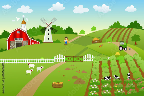 A vibrant cartoon illustration of a picturesque farm with buildings and animals