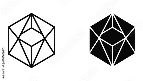 Contrasting geometric shapes of a cube with internal diagonals in white and black versions
