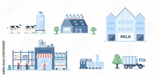 Illustration of a dairy farm and milk processing facilities