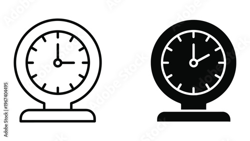 Contrast between a light and dark analog clock design on stands