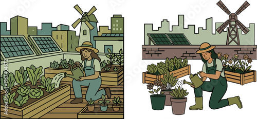 Flat vector illustration of people tending plants in urban gardens, featuring rooftop and community farming scenes with a sustainable, eco-friendly lifestyle theme.