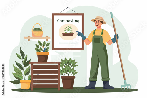 A gardener explains composting with a poster and surrounding plants