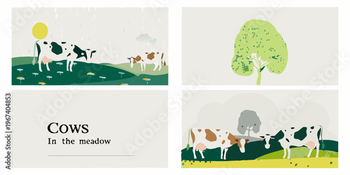 Minimalist illustration of cows grazing in a green meadow landscape